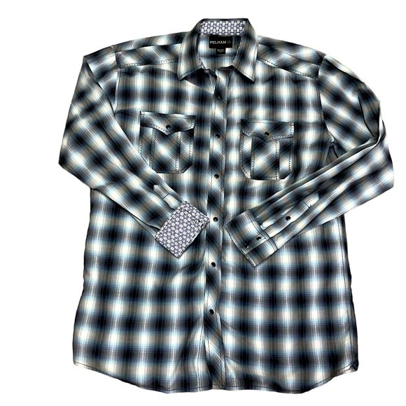 PELHAM PEARL SNAP FLIP CUFFS WESTERN SHIRT SZ XLT BLUE PLAID LONG SLV COWBOY MEN - Picture 1 of 4